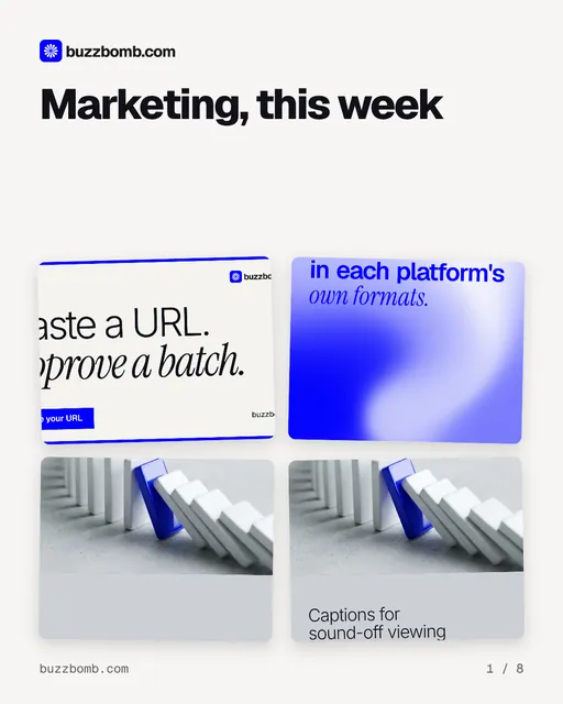 Carousel for BuzzBomb: "Marketing, this week". Collection carousel, 8 slides, light palette.