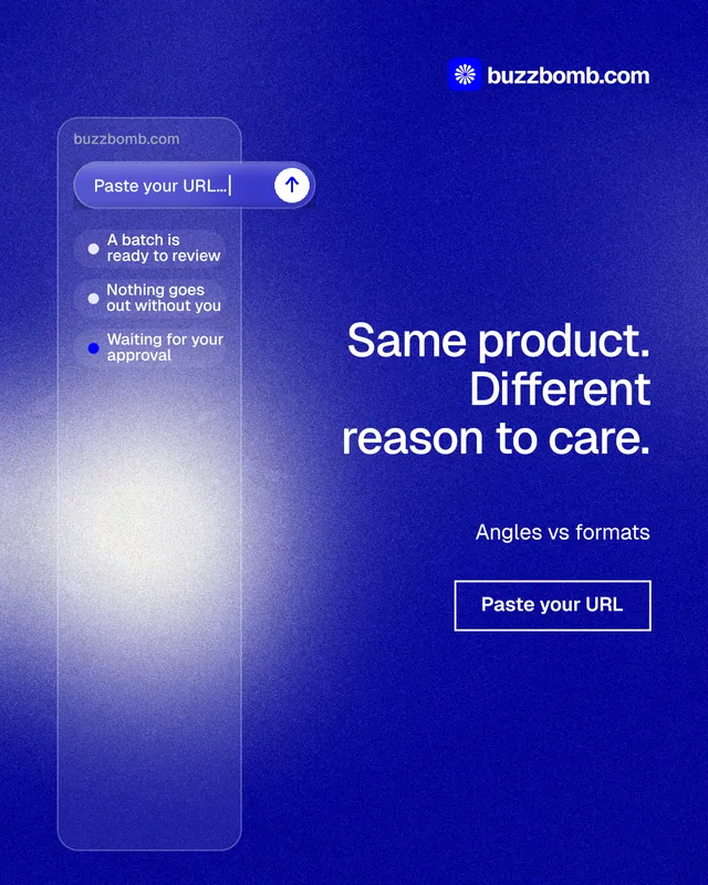Instagram portrait post for BuzzBomb: "Same product. Different reason to care." Cyanotype style, right layout, dark palette in blue.