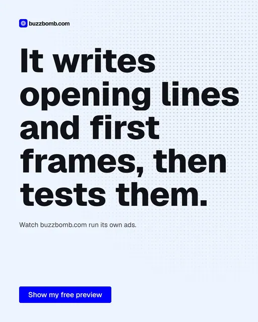 Video for BuzzBomb: "It writes opening lines and first frames, then tests them.". Doc motion loop, 7.0 s, light palette.