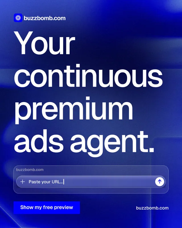 Instagram portrait post for BuzzBomb: "Your continuous premium ads agent." Swiss style, poster layout, dark palette in blue.