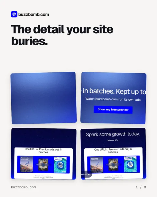 Carousel for BuzzBomb: "The detail your site buries.". Collection carousel, 8 slides, light palette.