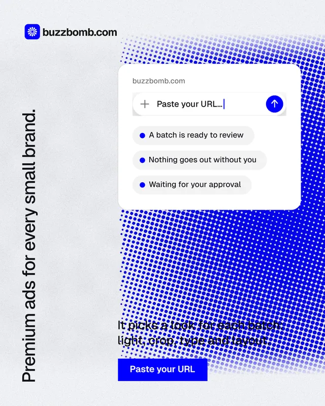 Instagram portrait post for BuzzBomb: "Premium ads for every small brand." Swiss style, vertical layout, light palette in white, blue.