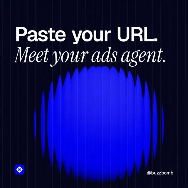 Instagram post for BuzzBomb: "Paste your URL. Meet your ads agent." Auto 1x1 style, technique:shader field layout, dark palette in black, blue.