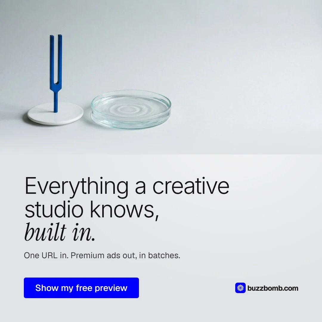 Video for BuzzBomb: "Everything a creative studio knows, built in.". Doc motion loop, 6.0 s, light palette.