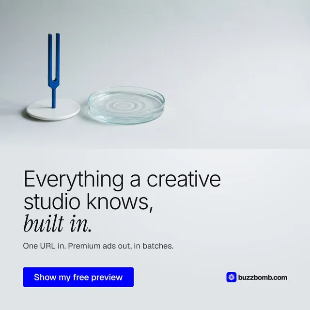 Video for BuzzBomb: "Everything a creative studio knows, built in.". Doc motion loop, 6.0 s, light palette.
