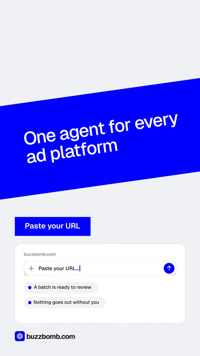 Instagram story for BuzzBomb: "One agent for every ad platform". Swiss style, diagonal layout, light palette in white, blue.