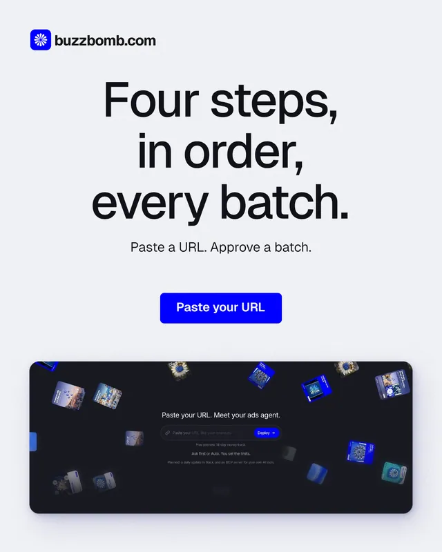 Instagram portrait post for BuzzBomb: "Four steps, in order, every batch." Data card style, centred layout, light palette in white, blue, grey.