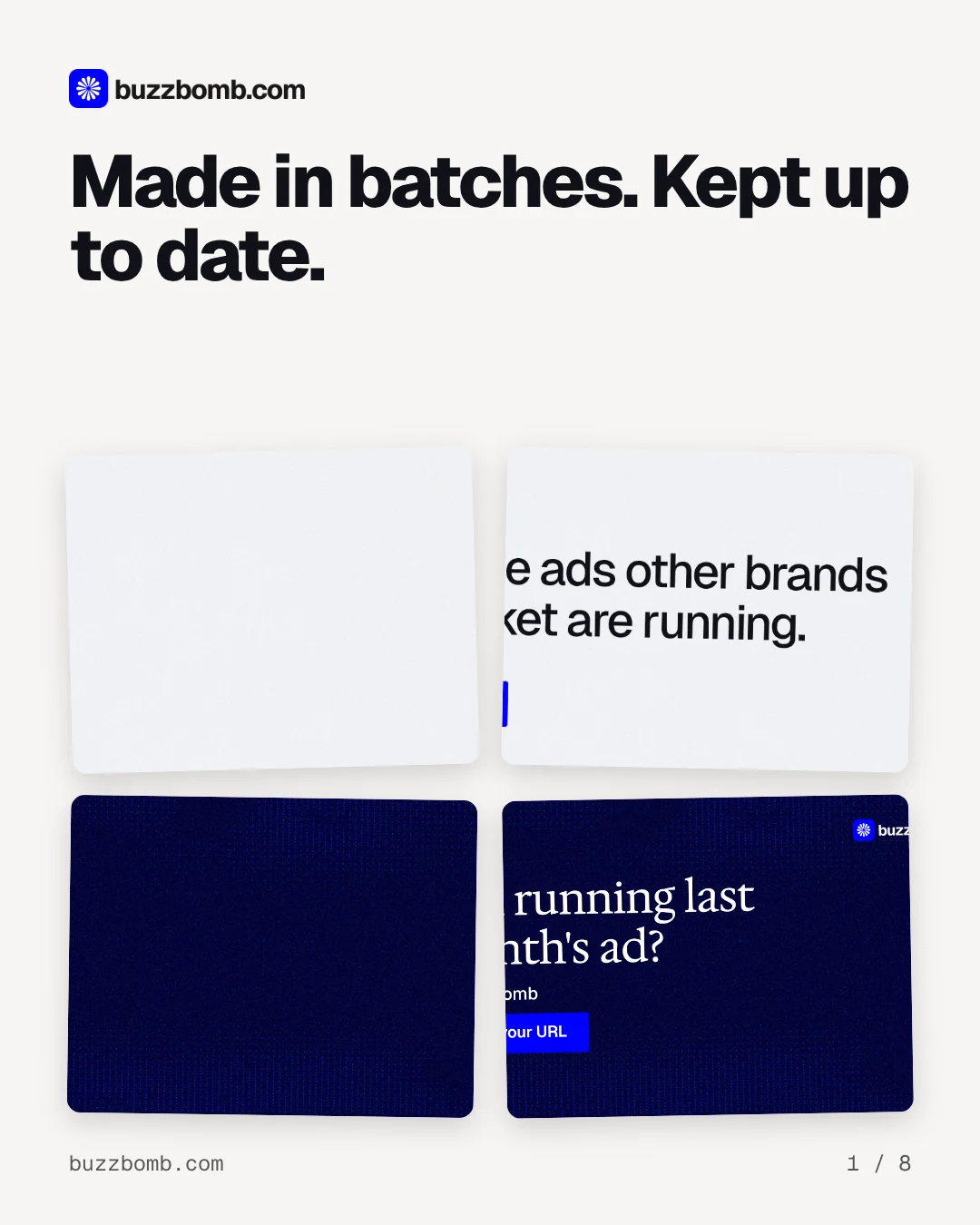 Carousel for BuzzBomb: "Made in batches. Kept up to date.". Collection carousel, 8 slides, light palette.