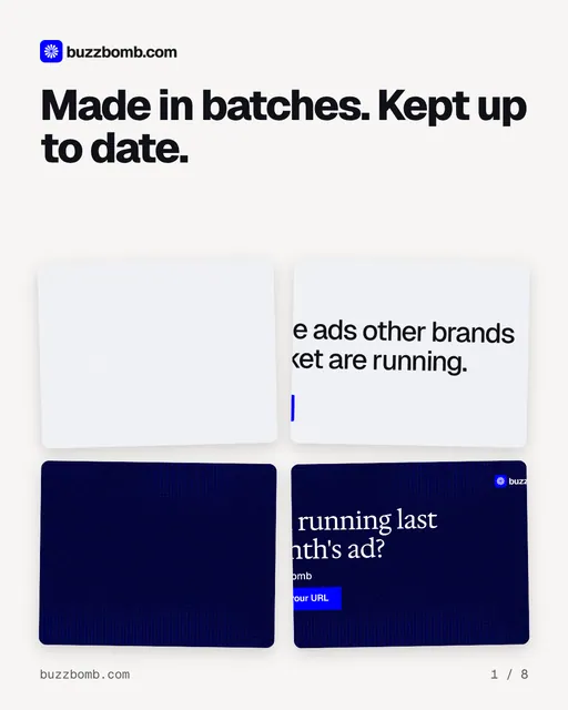 Carousel for BuzzBomb: "Made in batches. Kept up to date.". Collection carousel, 8 slides, light palette.