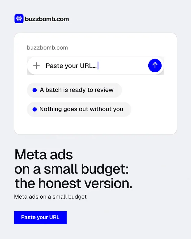 Instagram portrait post for BuzzBomb: "Meta ads on a small budget: the honest version." Swiss style, bottom layout, light palette in white, blue.