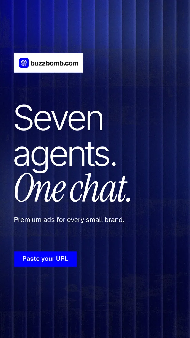 Instagram story for BuzzBomb: "Seven agents. One chat." Swiss style, announce layout, dark palette in blue, grey.