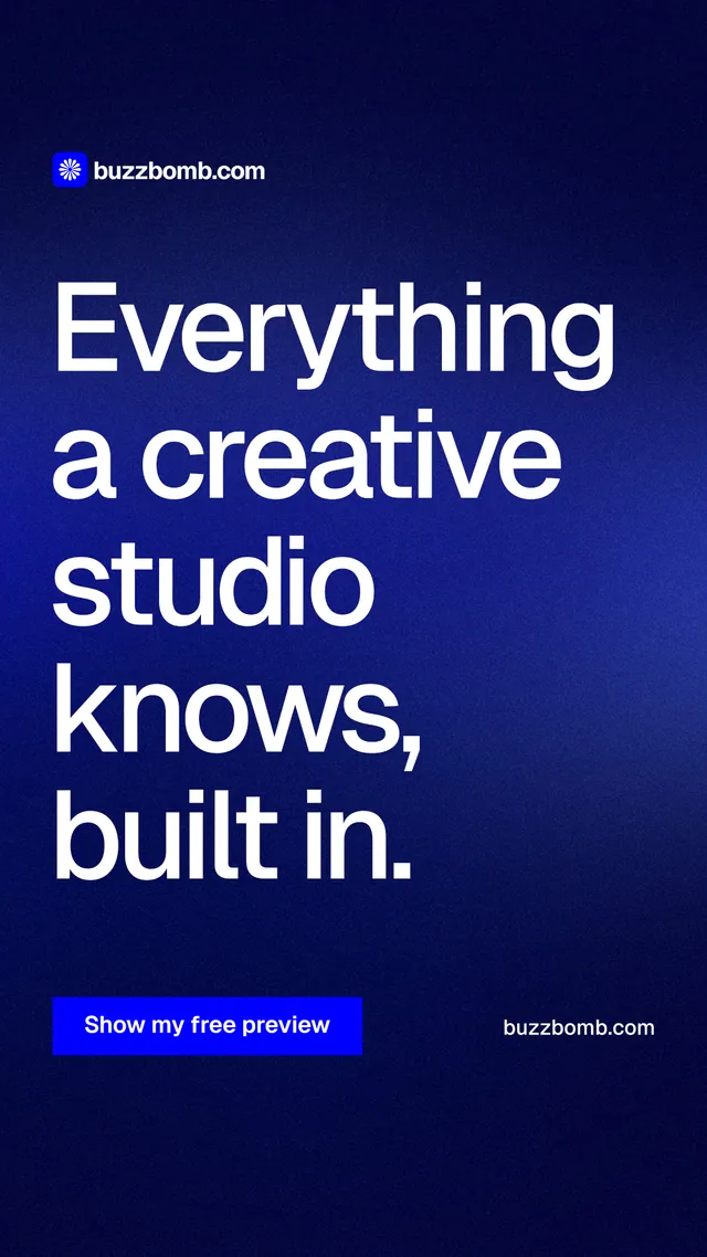 Instagram story for BuzzBomb: "Everything a creative studio knows, built in." Swiss style, poster layout, dark palette in blue.