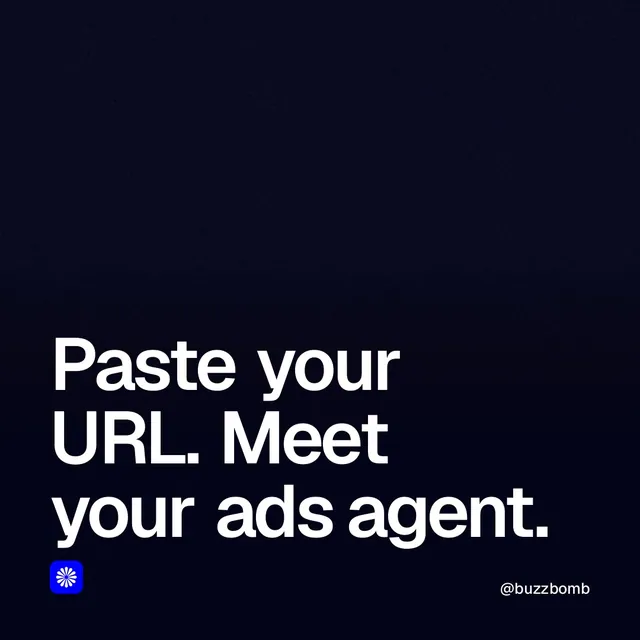 Video for BuzzBomb: "Paste your URL. Meet your ads agent.". Shader loop, 6.0 s, dark palette.