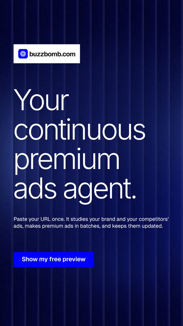 Instagram story for BuzzBomb: "Your continuous premium ads agent." Swiss style, announce layout, dark palette in black, blue, grey.