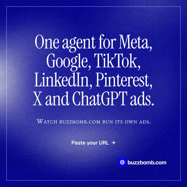 Instagram post for BuzzBomb: "One agent for Meta, Google, TikTok, LinkedIn, Pinterest, X and ChatGPT ads." Editorial style, smallcaps layout, dark palette in blue.