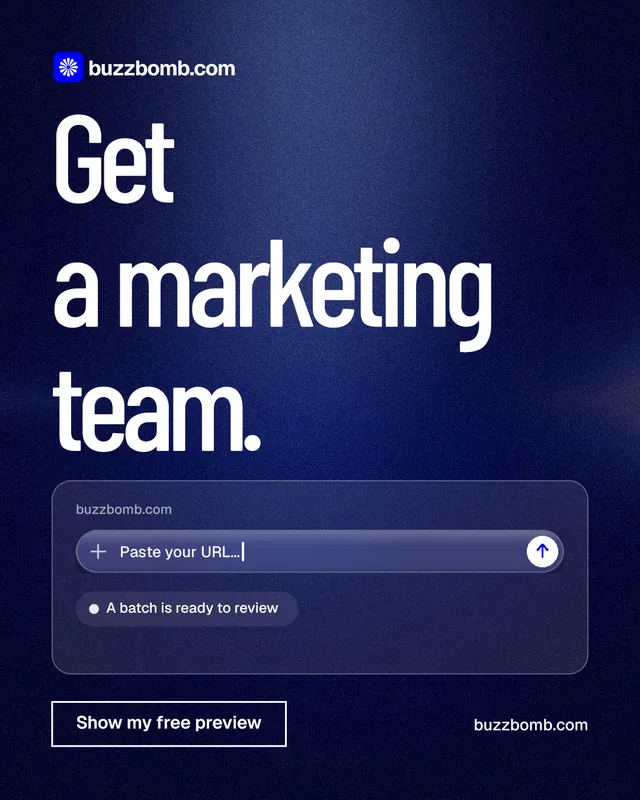 Instagram portrait post for BuzzBomb: "Get a marketing team." Dark deco style, poster layout, dark palette in blue, black.