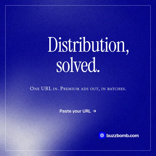 Instagram post for BuzzBomb: "Distribution, solved." Editorial style, smallcaps layout, dark palette in blue.