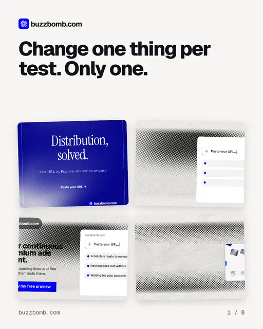 Carousel for BuzzBomb: "Change one thing per test. Only one.". Collection carousel, 8 slides, light palette.