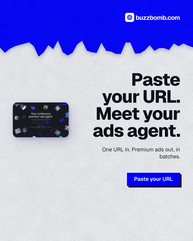 Instagram portrait post for BuzzBomb: "Paste your URL. Meet your ads agent." Paper trio style, right layout, light palette in white, blue, grey.