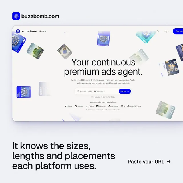 Instagram post for BuzzBomb: "It knows the sizes, lengths and placements each platform uses." Data card style, image led layout, light palette in white, grey.