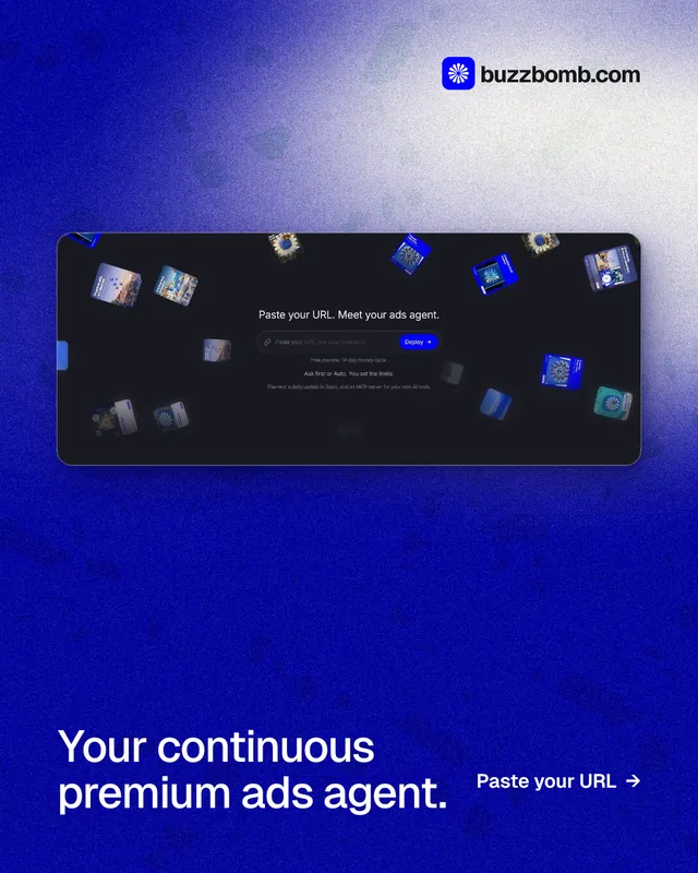 Instagram portrait post for BuzzBomb: "Your continuous premium ads agent." Cyanotype style, image led layout, dark palette in blue.