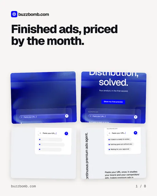 Carousel for BuzzBomb: "Finished ads, priced by the month.". Collection carousel, 8 slides, light palette.