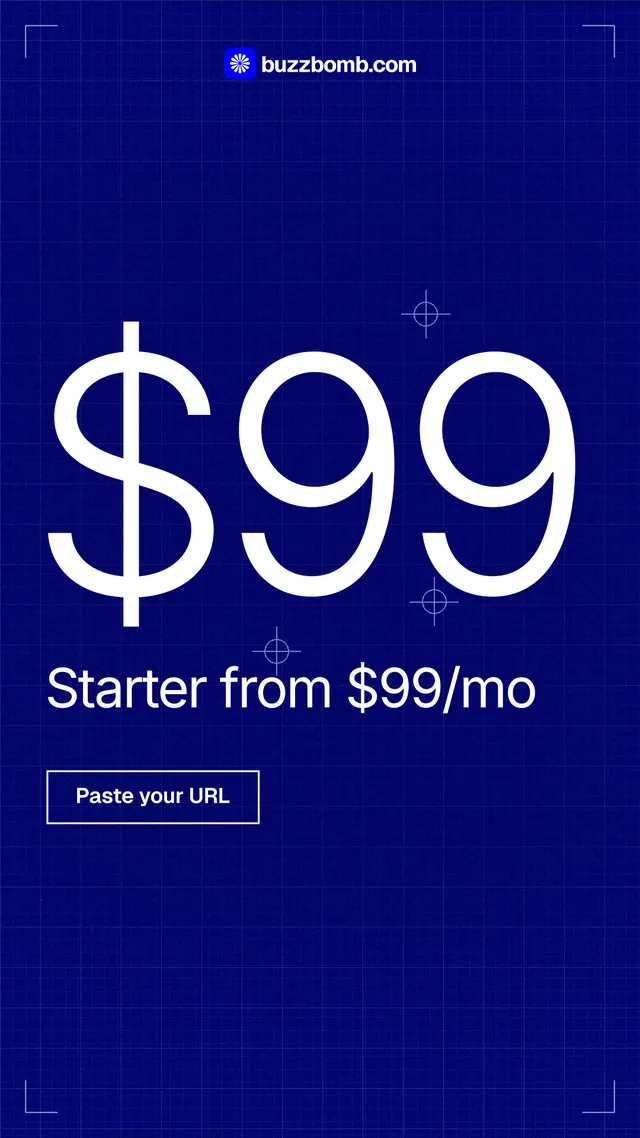 Instagram story for BuzzBomb: "One URL in. Premium ads out, in batches." Blueprint style, stat layout, dark palette in blue.