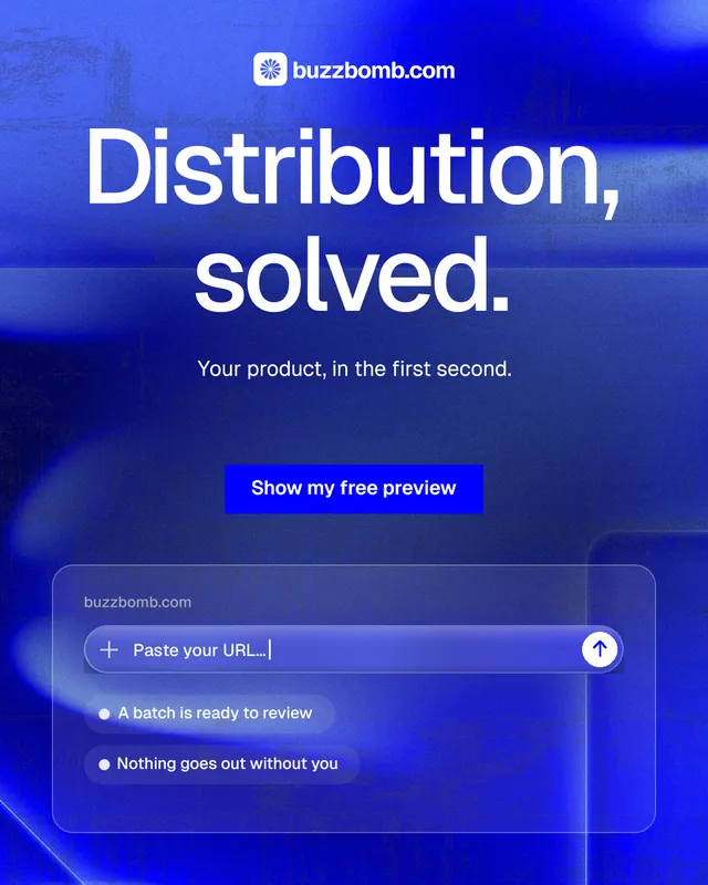Instagram portrait post for BuzzBomb: "Distribution, solved." Swiss style, centred layout, dark palette in blue.
