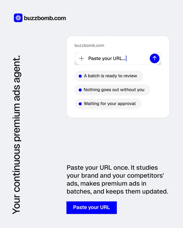 Instagram portrait post for BuzzBomb: "Your continuous premium ads agent." Swiss style, vertical layout, light palette in white, blue.