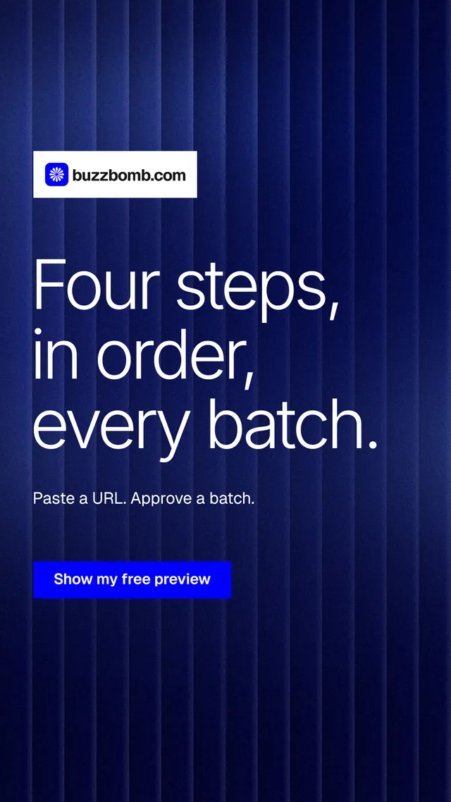 Instagram story for BuzzBomb: "Four steps, in order, every batch." Swiss style, announce layout, dark palette in blue, black.