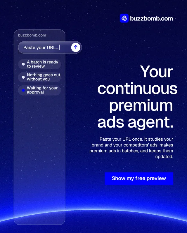 Instagram portrait post for BuzzBomb: "Your continuous premium ads agent." Swiss style, right layout, dark palette in blue.