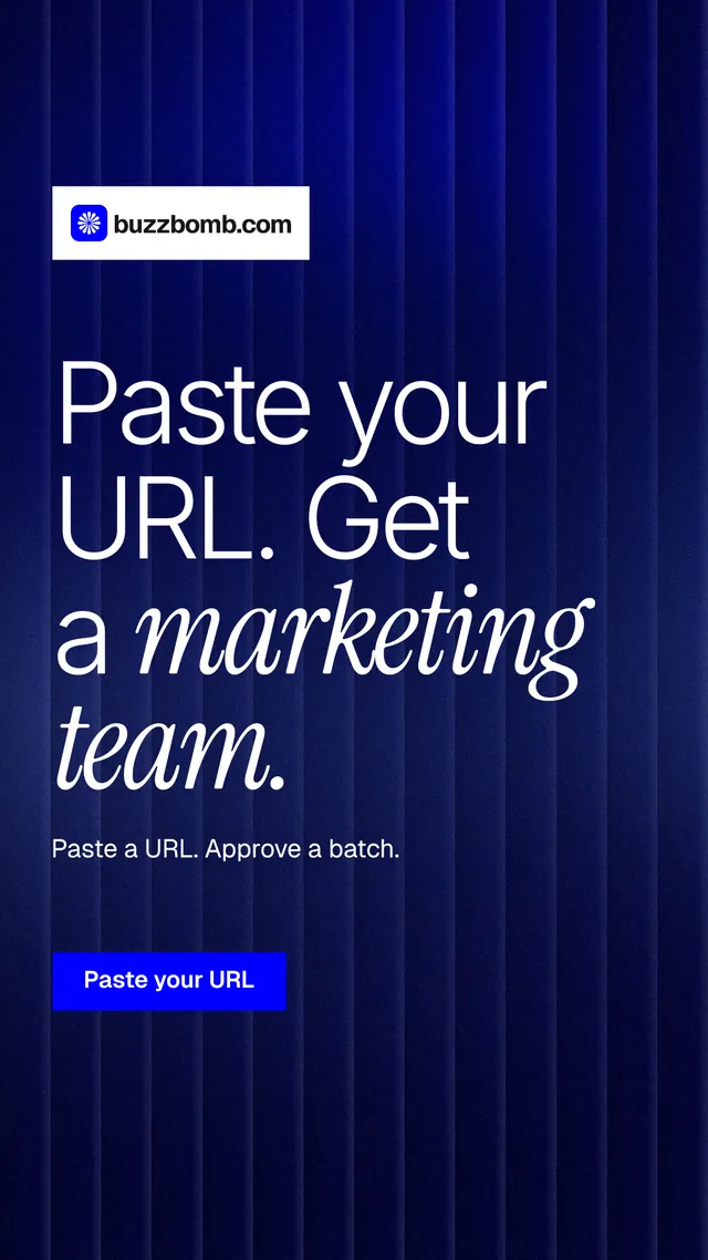 Instagram story for BuzzBomb: "Paste your URL. Get a marketing team." Swiss style, announce layout, dark palette in blue, black, grey.