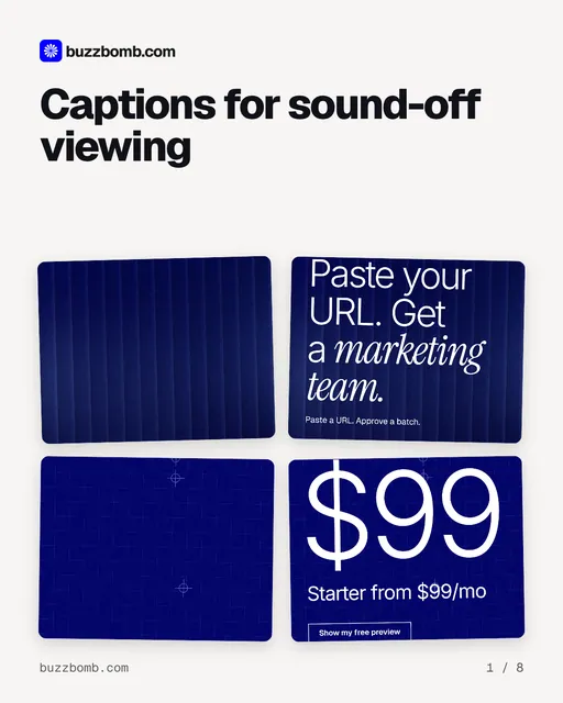 Carousel for BuzzBomb: "Captions for sound-off viewing". Collection carousel, 8 slides, light palette.