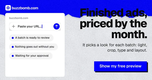 Social ad for BuzzBomb: "Finished ads, priced by the month." Paper trio style, right layout, light palette in white, blue, grey.