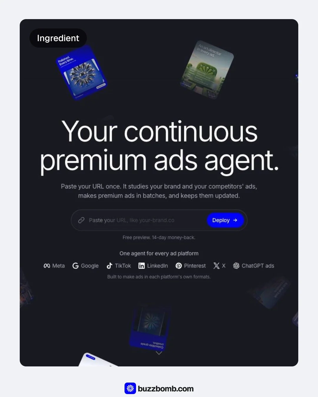 Video for BuzzBomb: "It studies the ads other brands in your market are running.". Before after wipe, 6.0 s, dark palette.