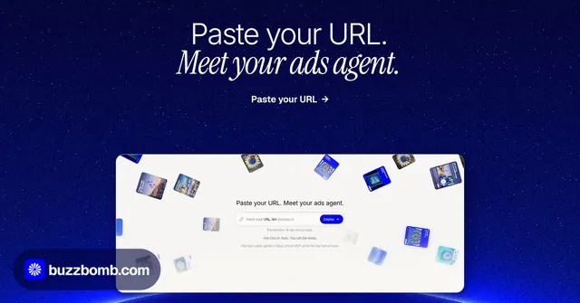 Social ad for BuzzBomb: "Paste your URL. Meet your ads agent." Swiss style, ogui layout, dark palette in blue, white.