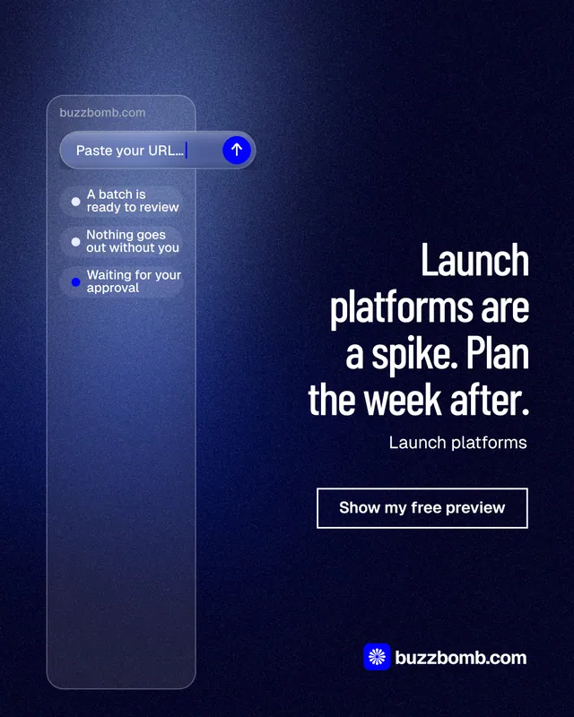 Instagram portrait post for BuzzBomb: "Launch platforms are a spike. Plan the week after." Dark deco style, right layout, dark palette in blue, black.