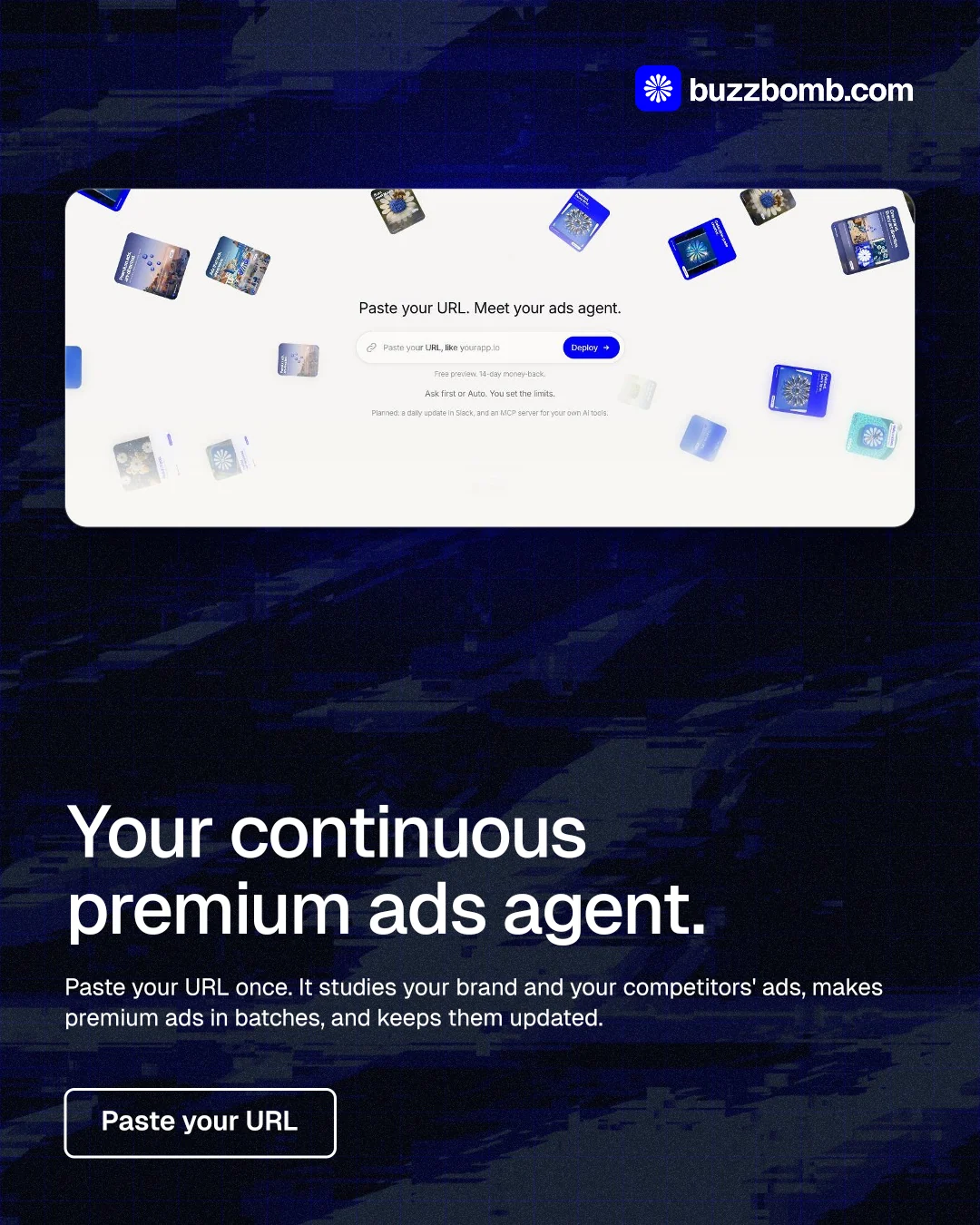 Instagram portrait post for BuzzBomb: "Your continuous premium ads agent." Phosphor atlas style, bottom layout, dark palette in black, white, blue.