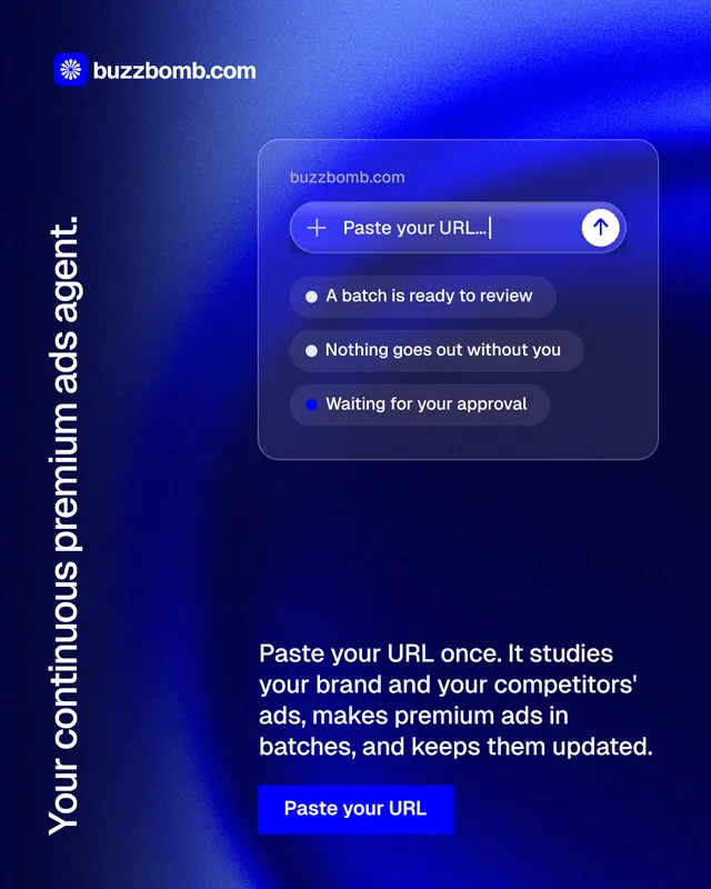 Instagram portrait post for BuzzBomb: "Your continuous premium ads agent." Swiss style, vertical layout, dark palette in blue.