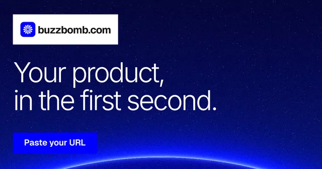Social ad for BuzzBomb: "Your product, in the first second." Swiss style, announce layout, dark palette in blue.