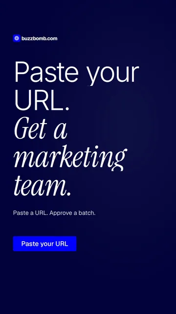 Video for BuzzBomb: "Paste your URL. Get a marketing team.". Doc motion loop, 7.0 s, dark palette.