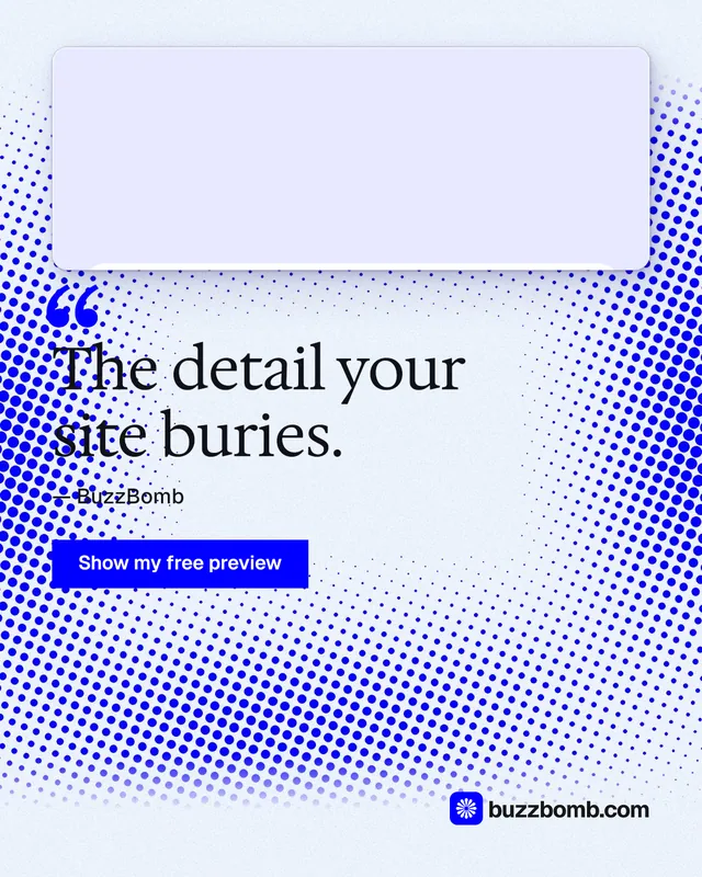 Instagram portrait post for BuzzBomb: "The detail your site buries." Swiss style, quote layout, light palette in white, blue.
