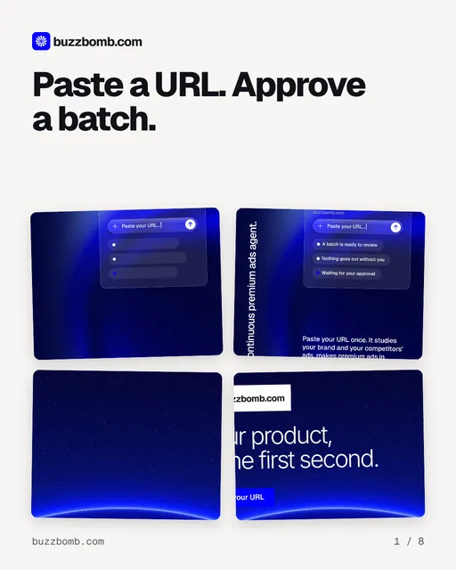 Carousel for BuzzBomb: "Paste a URL. Approve a batch.". Collection carousel, 8 slides, light palette.