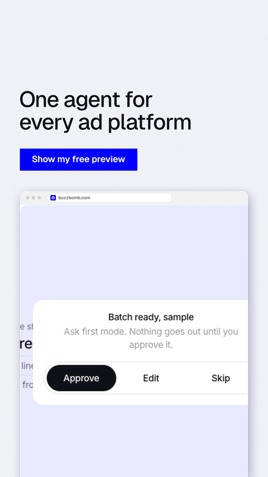 Instagram story for BuzzBomb: "One agent for every ad platform". Swiss style, browser layout, light palette in white, blue.