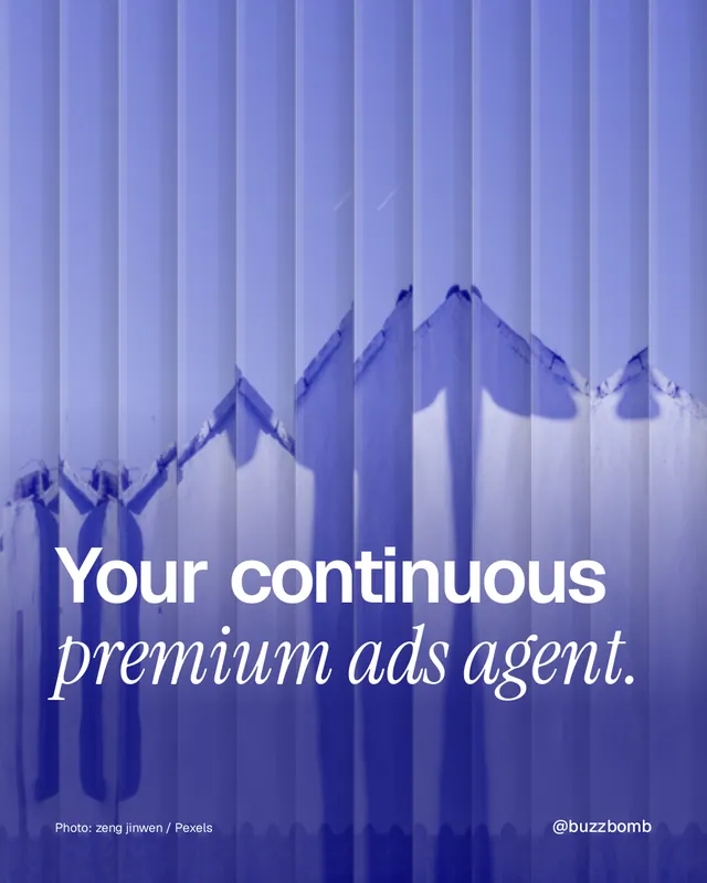 Instagram portrait post for BuzzBomb: "Your continuous premium ads agent." Photo style, technique:fluted glass layout, light palette in blue.