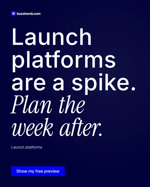 Video for BuzzBomb: "Launch platforms are a spike. Plan the week after.". Doc motion loop, 6.0 s, dark palette.