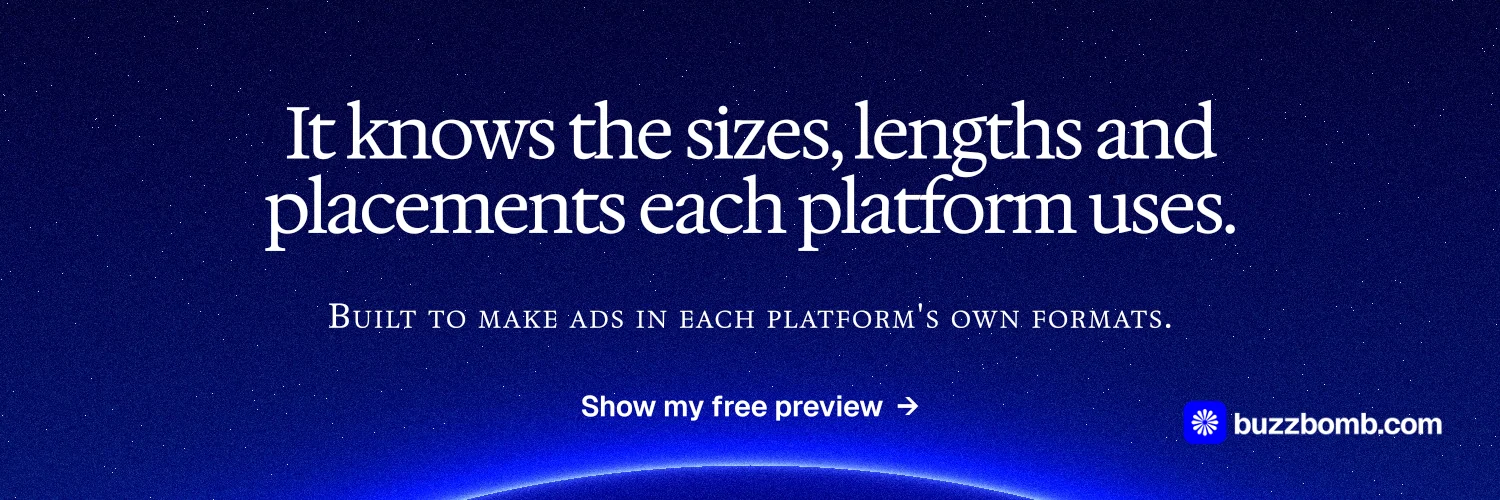 X header for BuzzBomb: "It knows the sizes, lengths and placements each platform uses." Swiss style, smallcaps layout, dark palette in blue.