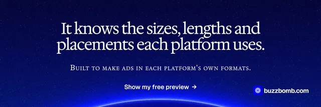 X header for BuzzBomb: "It knows the sizes, lengths and placements each platform uses." Swiss style, smallcaps layout, dark palette in blue.