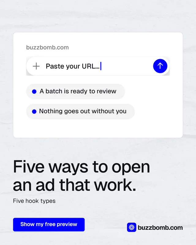Instagram portrait post for BuzzBomb: "Five ways to open an ad that work." Data card style, bottom layout, light palette in white, blue.