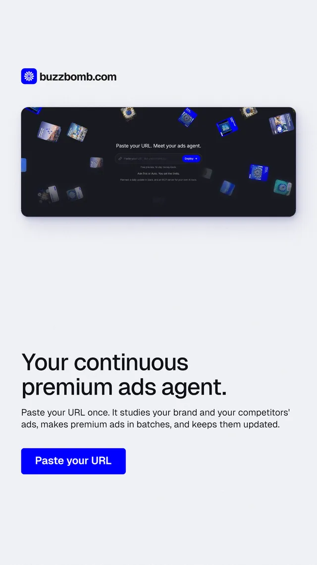 Instagram story for BuzzBomb: "Your continuous premium ads agent." Data card style, bottom layout, light palette in white, grey.